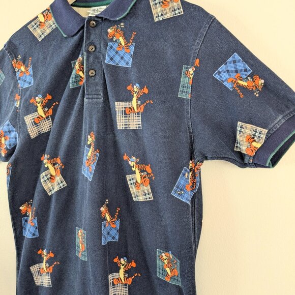 The Disney Store Vintage Tigger Golf Patchwork Pattern Navy Blue Polo Shirt S - Picture 5 of 8